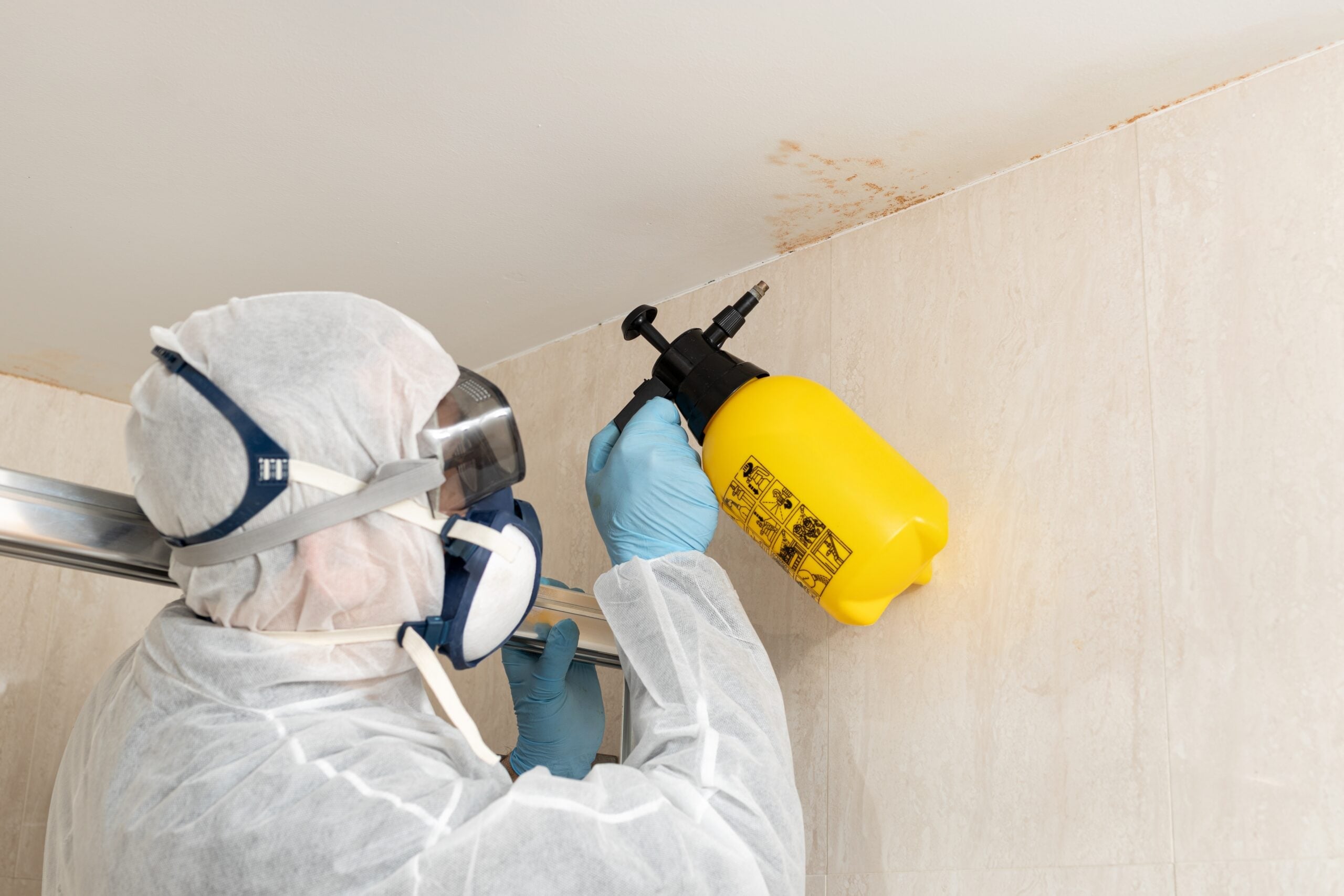 technician wearing hazmat gear spraying mold in a home