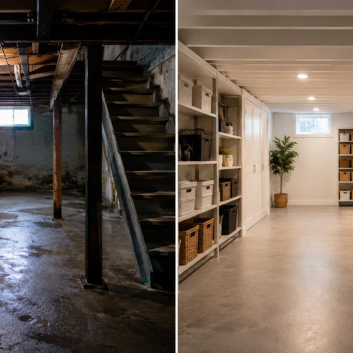 before and after water damage to a basement in New Jersey